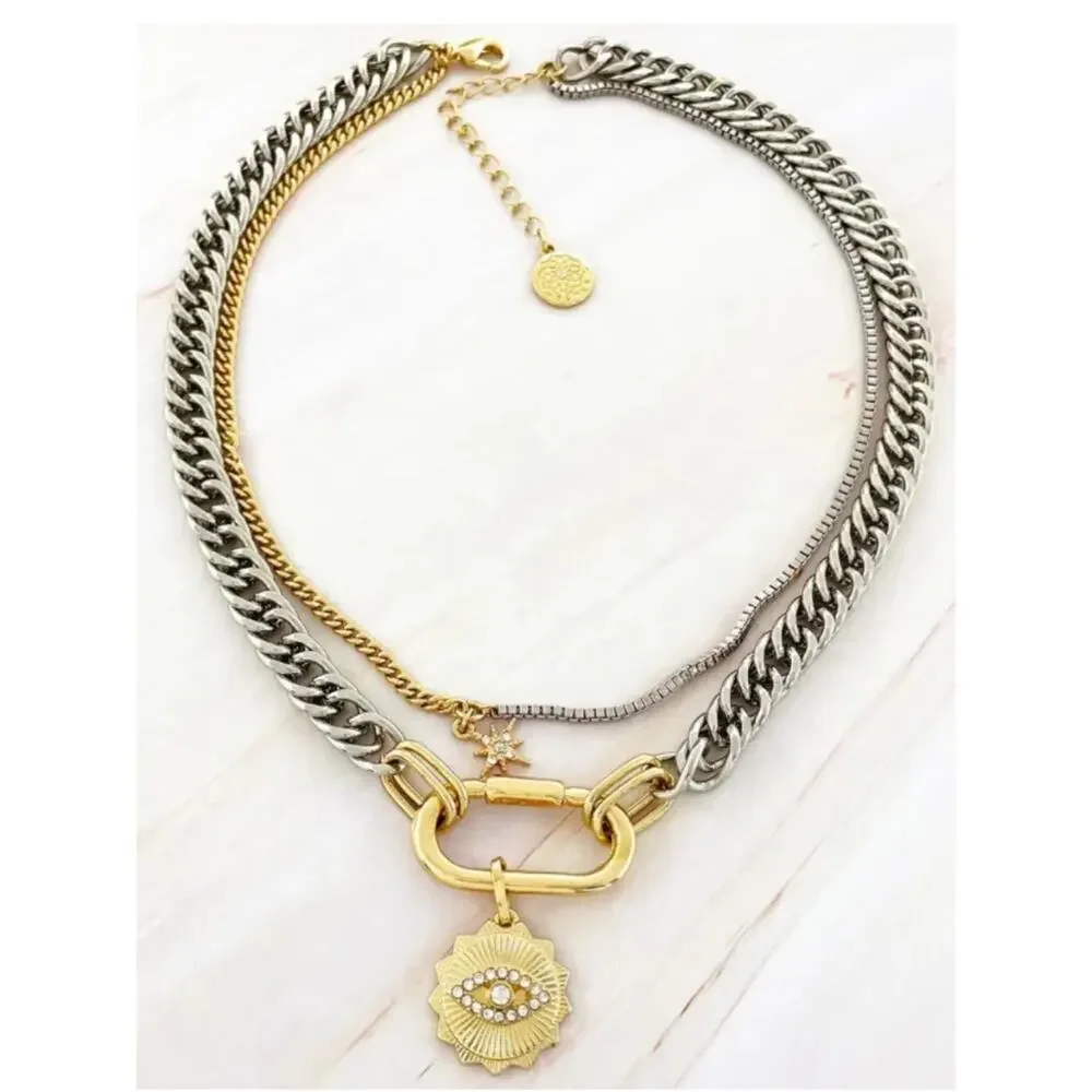 Carabiner Evil Eye Charm Staacked Stainless Steel necklace Tarnish Free